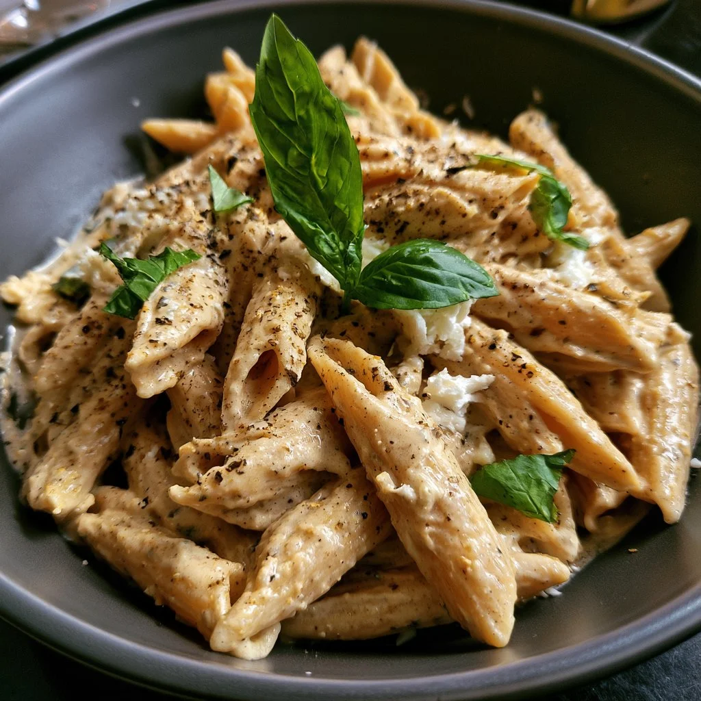 Pasta con crema di peperoni e ricotta, un piatto italiano cremoso e gustoso.