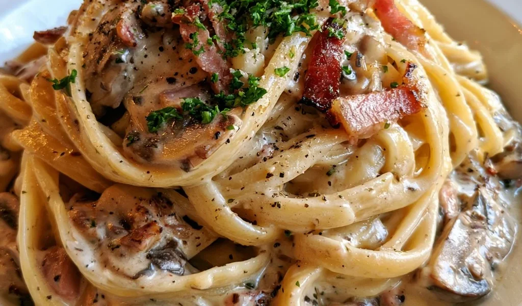 Pasta cremosa con funghi e speck, piatto ricco di sapore e cremosità.