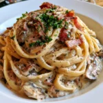 Pasta cremosa con funghi e speck, piatto ricco di sapore e cremosità.