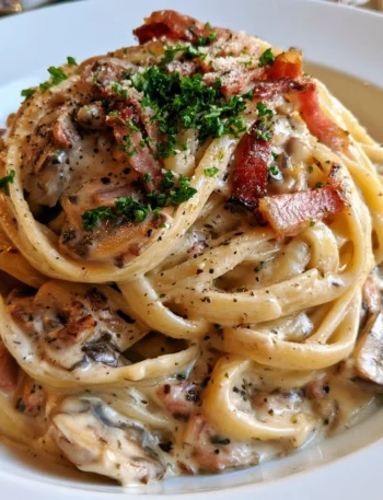 Pasta cremosa con funghi e speck, piatto ricco di sapore e cremosità.