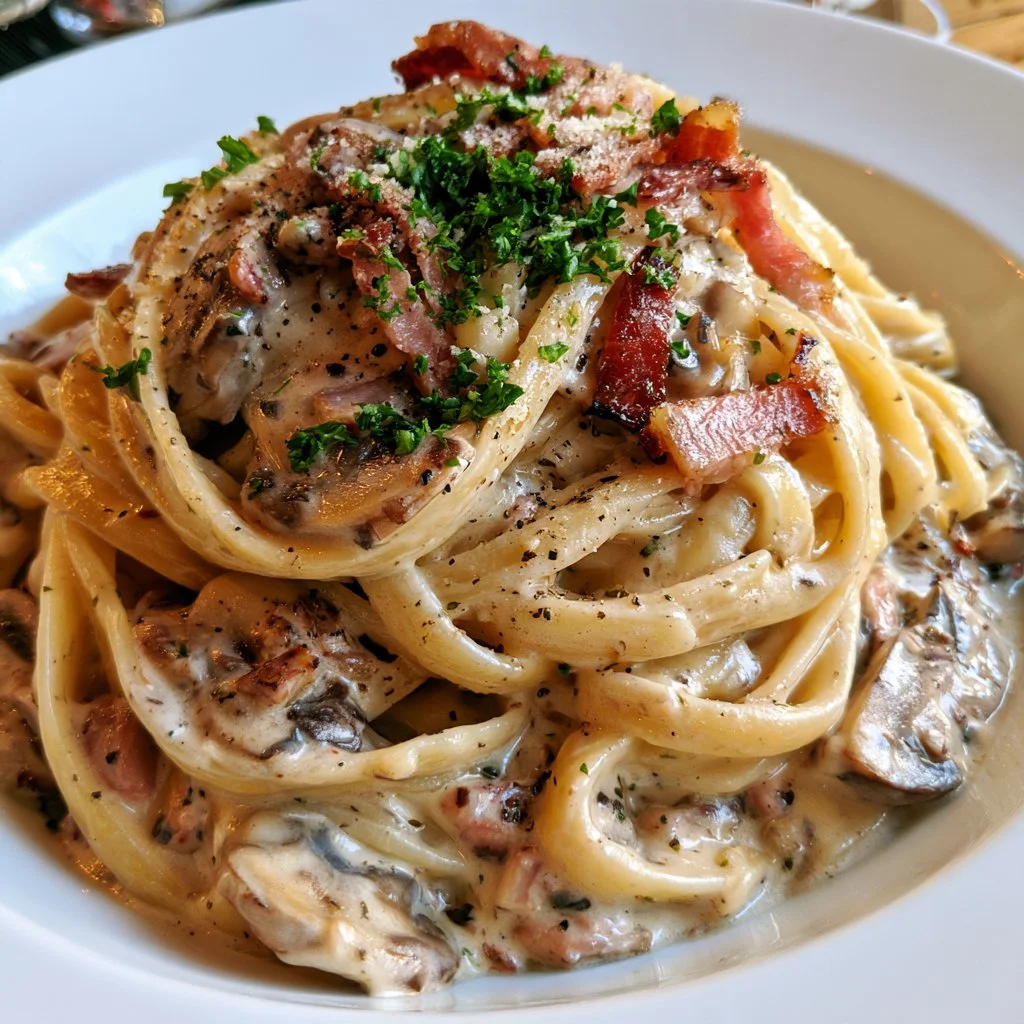 Pasta cremosa con funghi e speck, piatto ricco di sapore e cremosità.