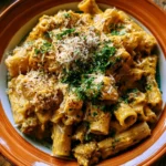 Pasta cremosa zucca e salsiccia in un piatto gustoso e invitante