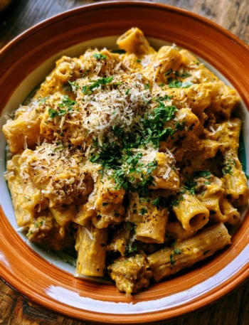Pasta cremosa zucca e salsiccia in un piatto gustoso e invitante