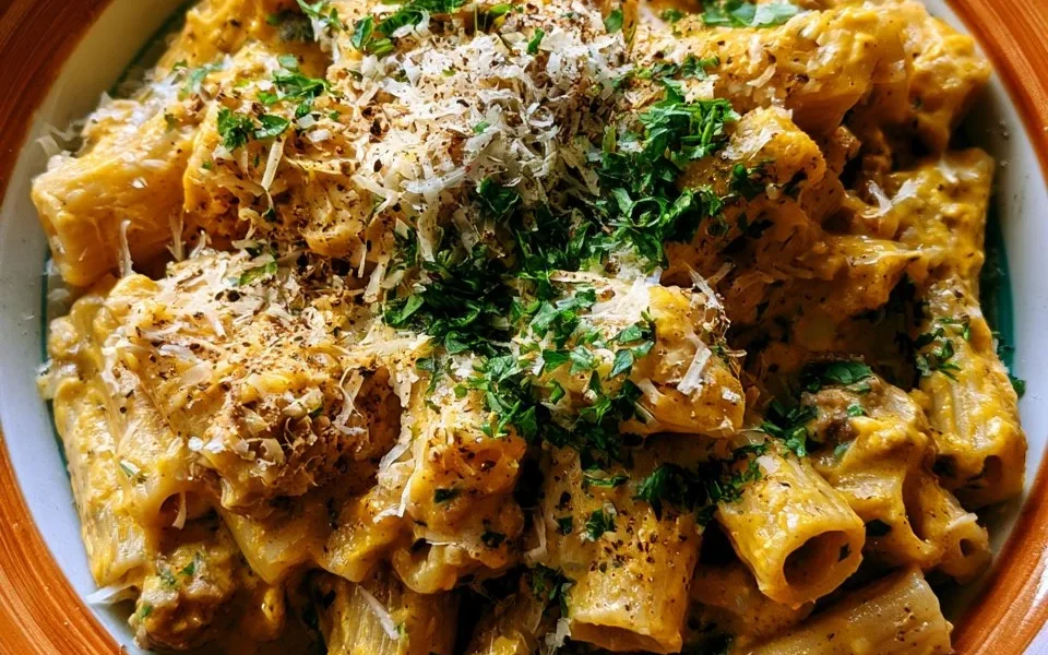 Pasta cremosa zucca e salsiccia in un piatto gustoso e invitante