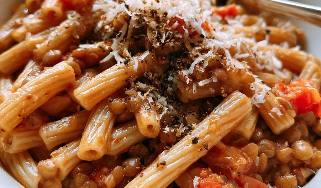 Pasta e lenticchie servita in una ciotola con erbe fresche