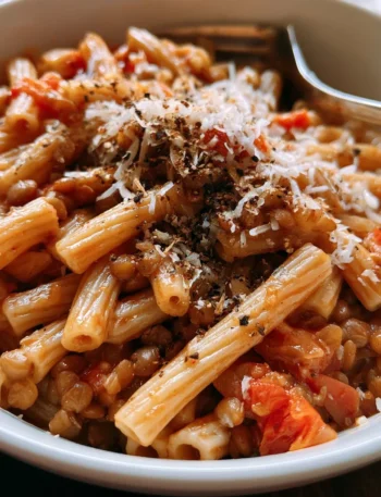 Pasta e lenticchie servita in una ciotola con erbe fresche