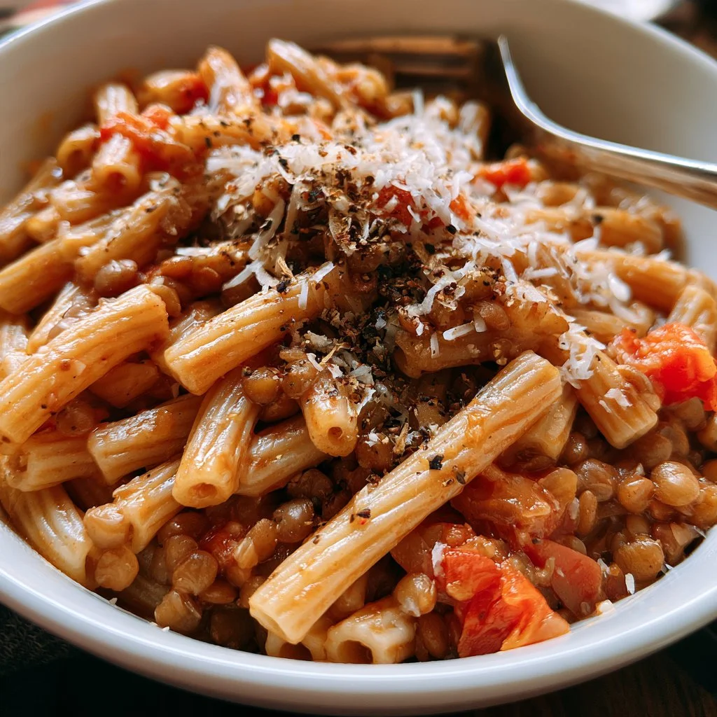 Pasta e lenticchie servita in una ciotola con erbe fresche