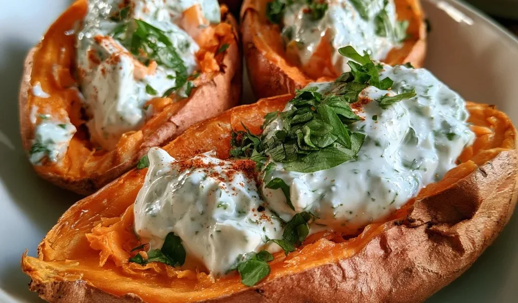 Patate dolci al forno servite con yogurt alle erbe fresco e aromatico.