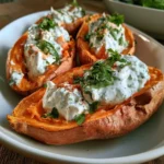 Patate dolci al forno servite con yogurt alle erbe fresco e aromatico.