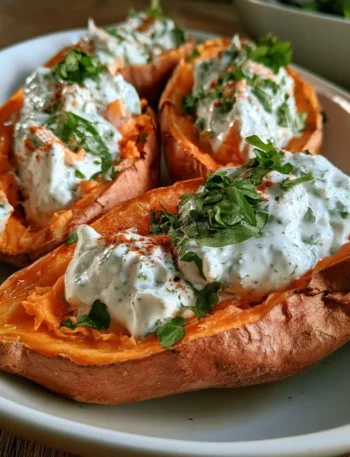 Patate dolci al forno servite con yogurt alle erbe fresco e aromatico.
