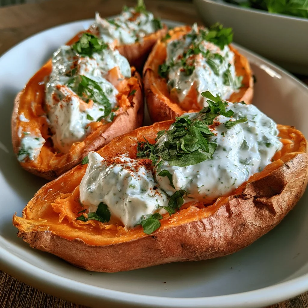 Patate dolci al forno servite con yogurt alle erbe fresco e aromatico.