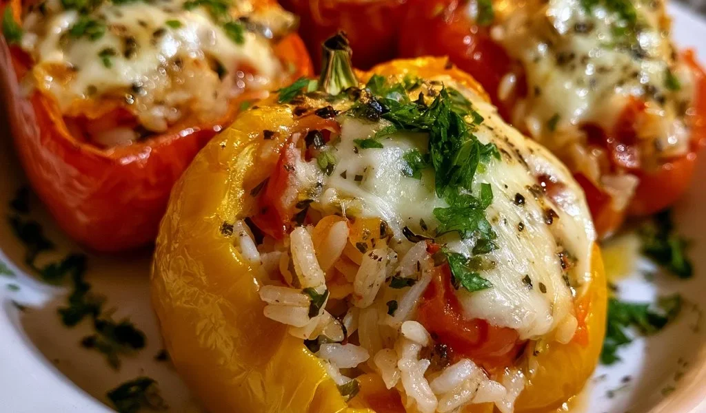 Peperoni ripieni di riso e provola pronti per essere serviti