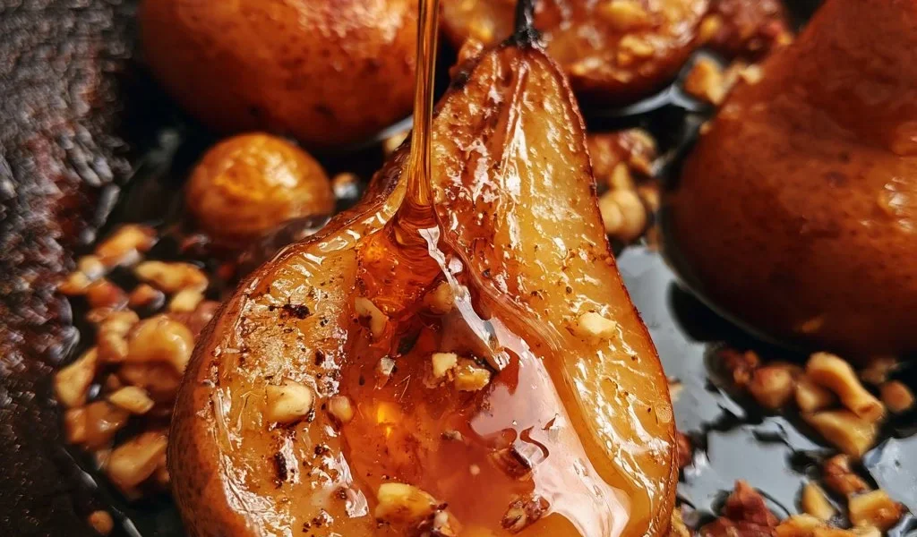Pere al forno con miele e nocciole appena sfornate