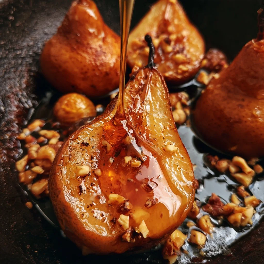 Pere al forno con miele e nocciole appena sfornate