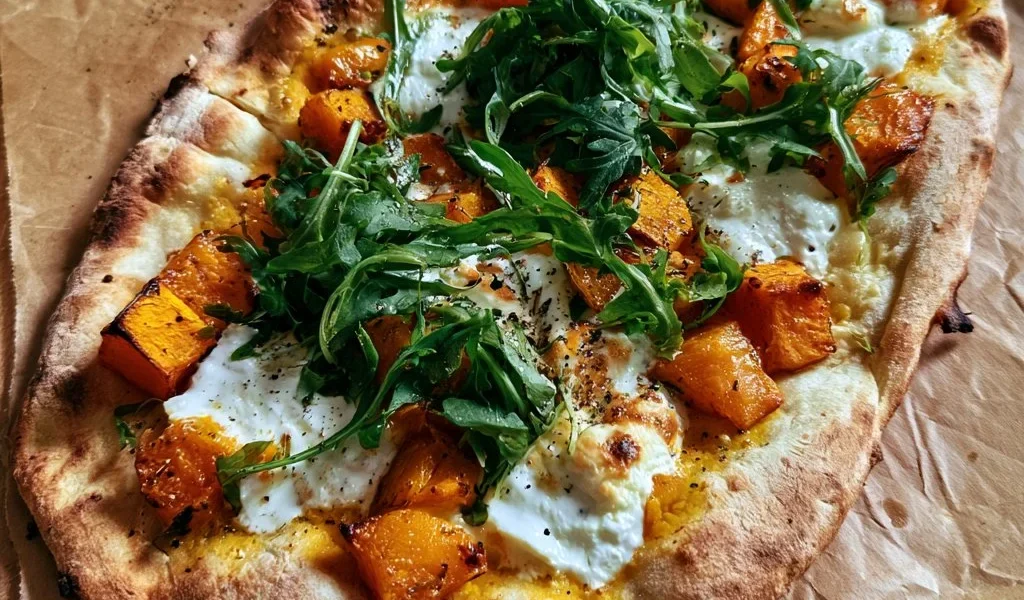 Piadina con zucca arrostita, stracchino e rucola, pronta da servire