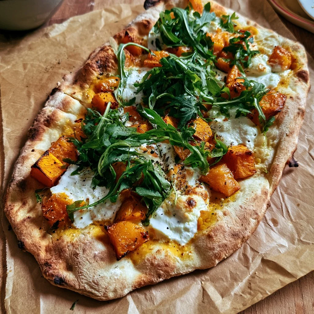 Piadina con zucca arrostita, stracchino e rucola, pronta da servire