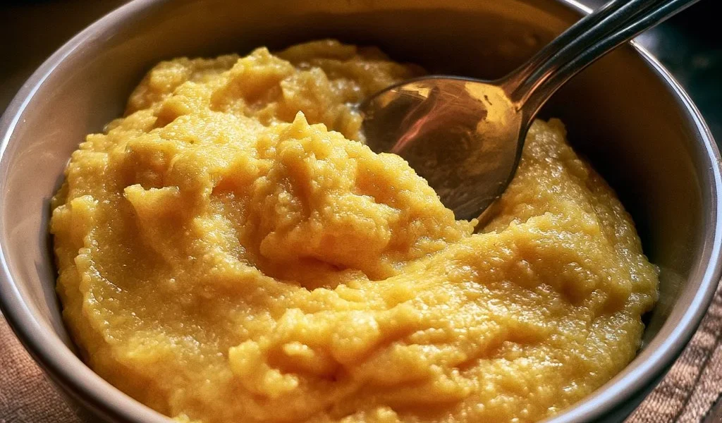 Porzione di polenta classica servita con sugo e formaggio