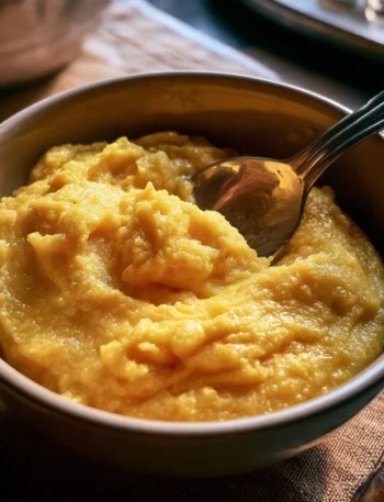 Porzione di polenta classica servita con sugo e formaggio