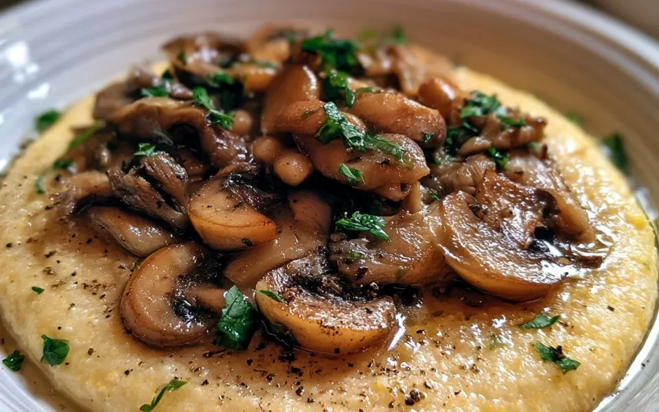 Polenta con funghi trifolati e formaggio taleggio, piatto gustoso e cremoso