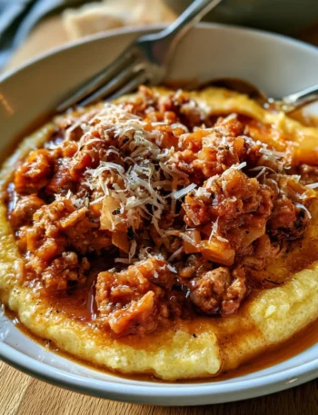 Polenta con ragù di salsiccia, piatto tradizionale italiano ricco di sapore.