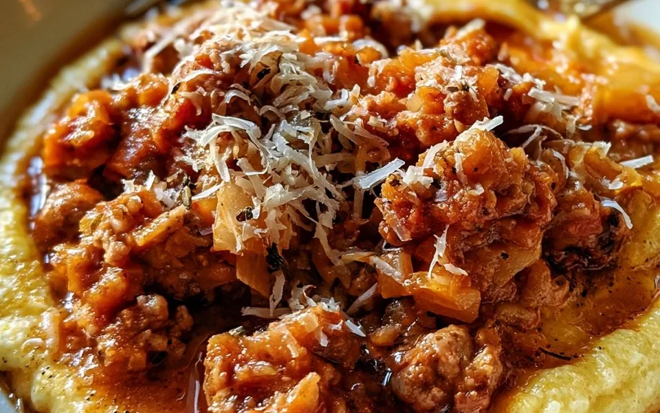 Polenta con ragù di salsiccia, piatto tradizionale italiano ricco di sapore.