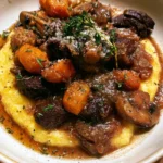 Piatto di polenta con spezzatino di manzo e funghi, ricetta tradizionale