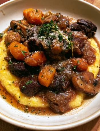 Piatto di polenta con spezzatino di manzo e funghi, ricetta tradizionale