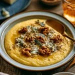 Polenta cremosa al gorgonzola e noci servita in un piatto elegante