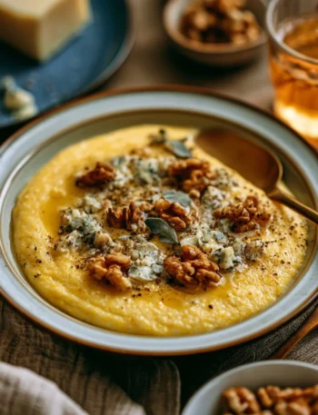 Polenta cremosa al gorgonzola e noci servita in un piatto elegante