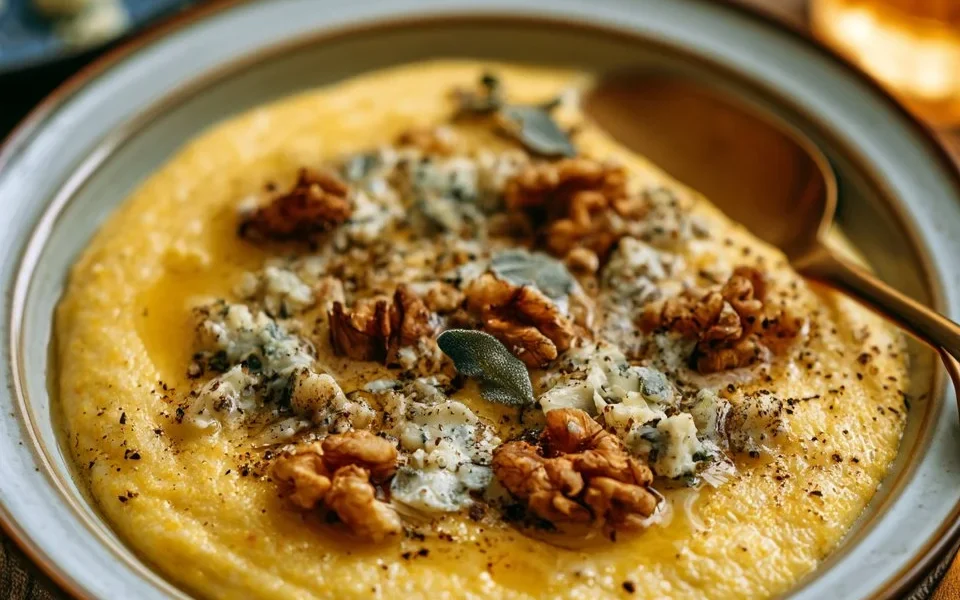 Polenta cremosa al gorgonzola e noci servita in un piatto elegante