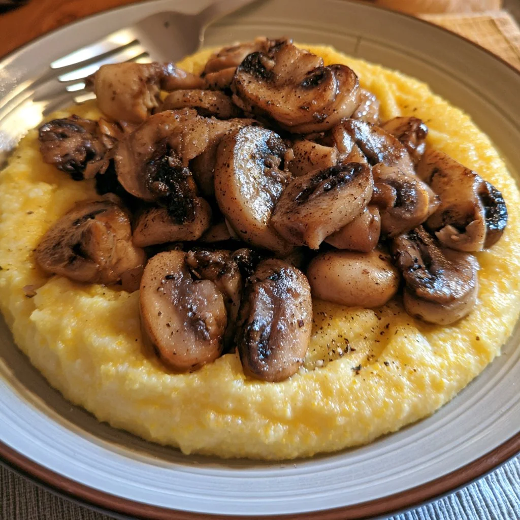 Polenta morbida con funghi trifolati su un piatto