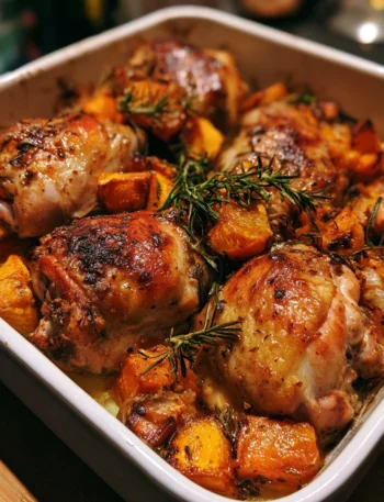 Pollo al forno con zucca e rosmarino appena sfornato
