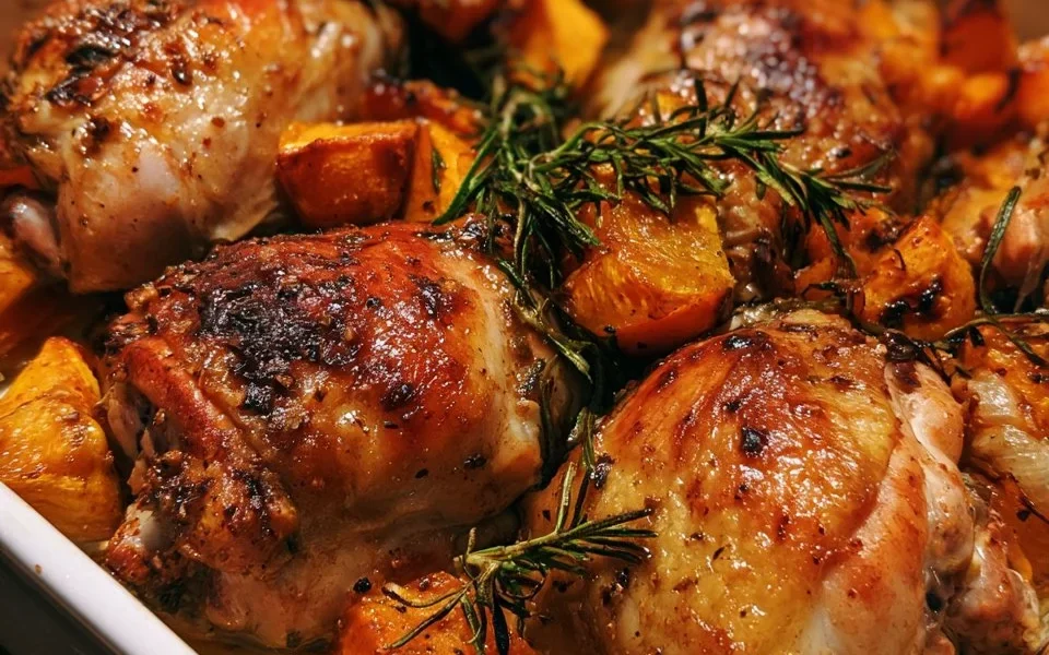 Pollo al forno con zucca e rosmarino appena sfornato