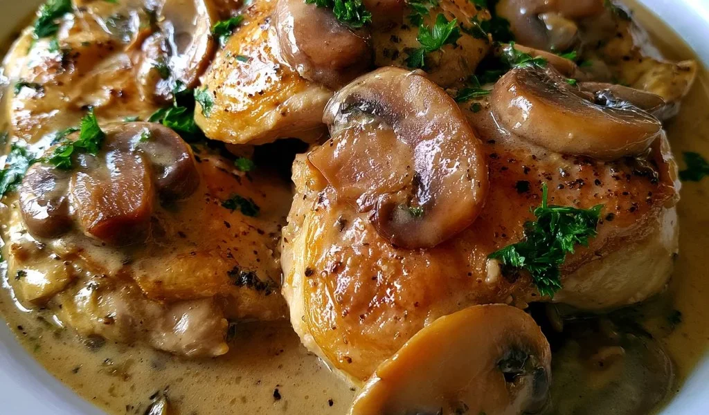 Pollo alla senape con funghi champignon servito in un piatto