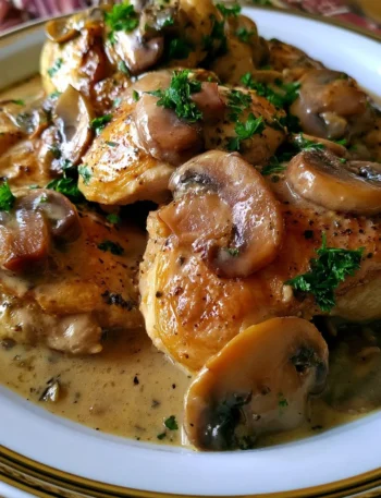 Pollo alla senape con funghi champignon servito in un piatto