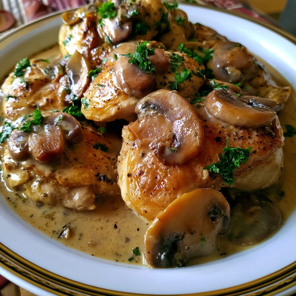 Pollo alla senape con funghi champignon servito in un piatto