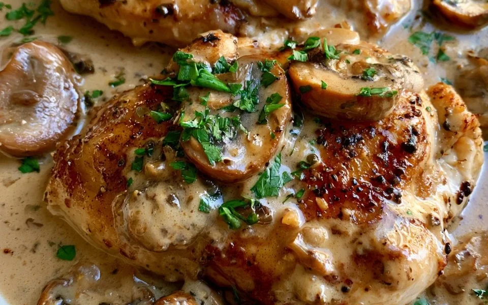 Pollo cremoso ai funghi cotto in padella