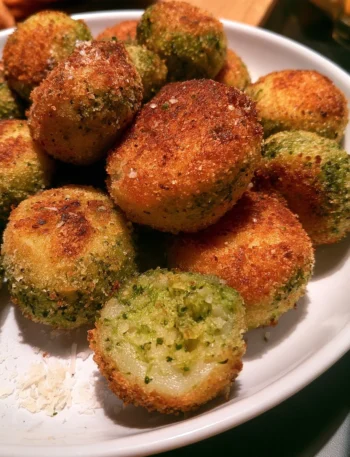 Polpette di broccoli e patate al forno su un piatto bianco
