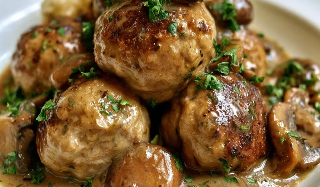 Polpette di tacchino con salsa ai funghi servite in un piatto.