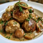 Polpette di tacchino con salsa ai funghi servite in un piatto.