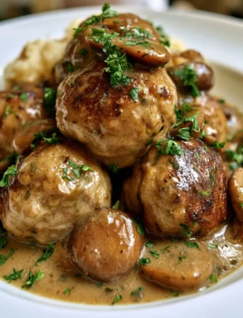 Polpette di tacchino con salsa ai funghi servite in un piatto.