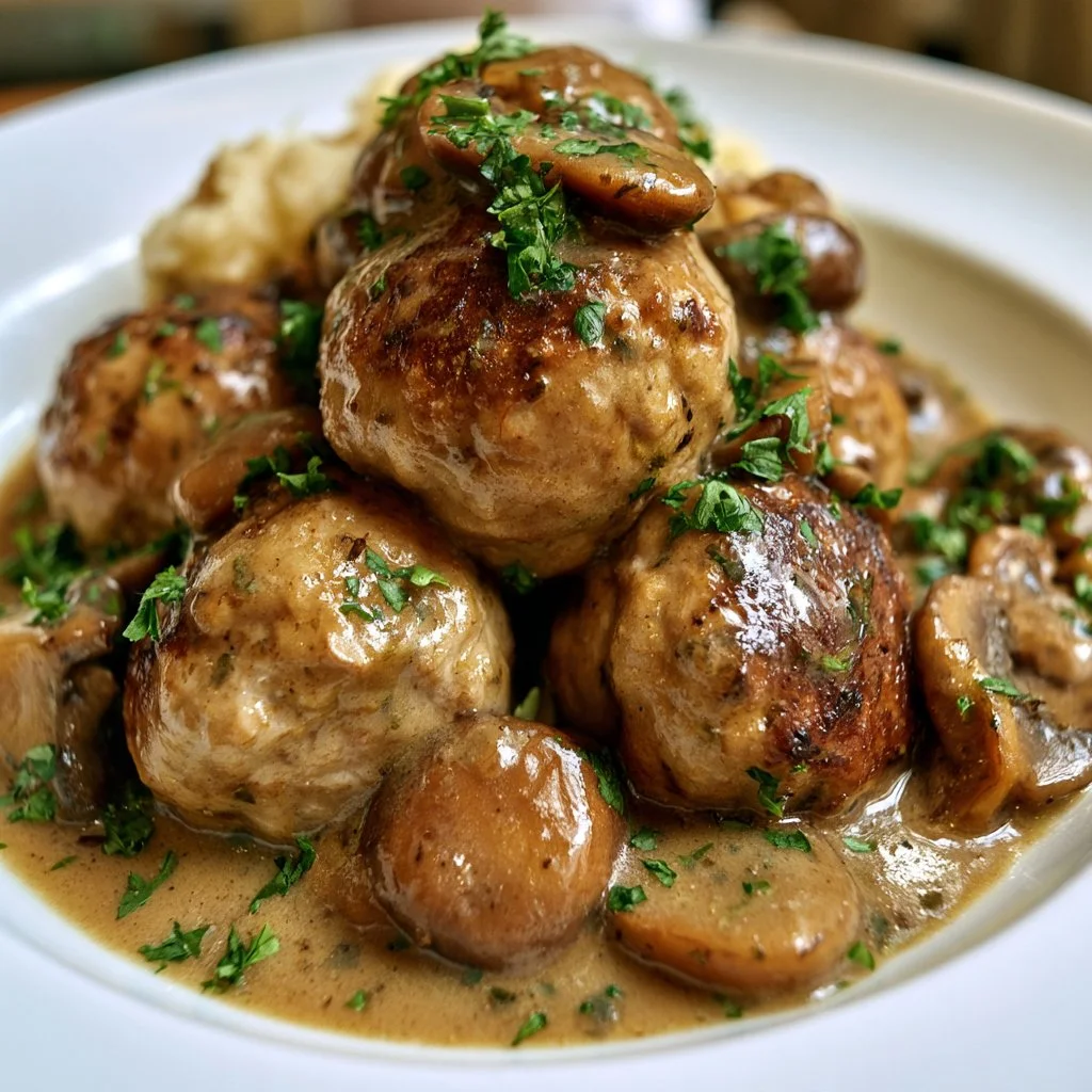 Polpette di tacchino con salsa ai funghi servite in un piatto.