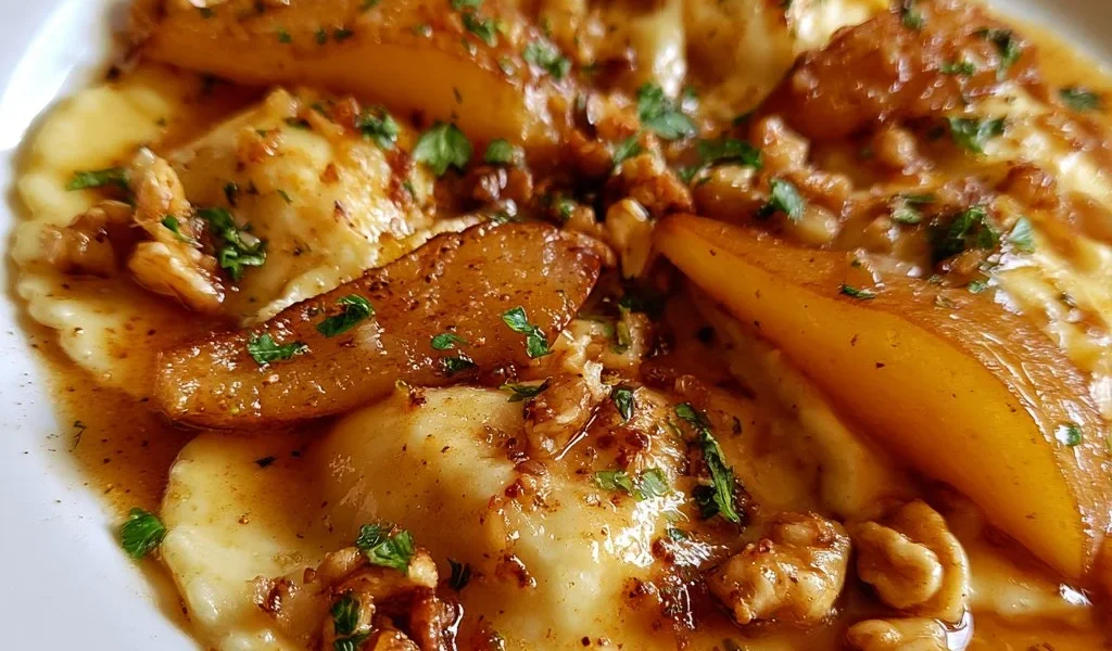 Ravioli di ricotta con salsa di noci e pere serviti su un piatto elegante