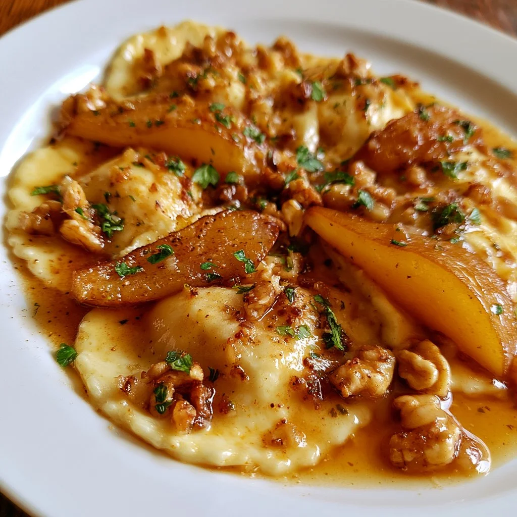 Ravioli di ricotta con salsa di noci e pere serviti su un piatto elegante