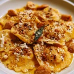 Ravioli di zucca con amaretti e burro nocciola appena cucinati