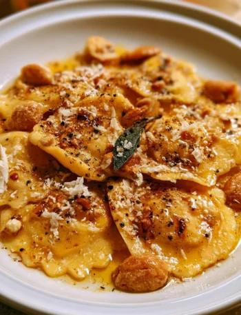 Ravioli di zucca con amaretti e burro nocciola appena cucinati