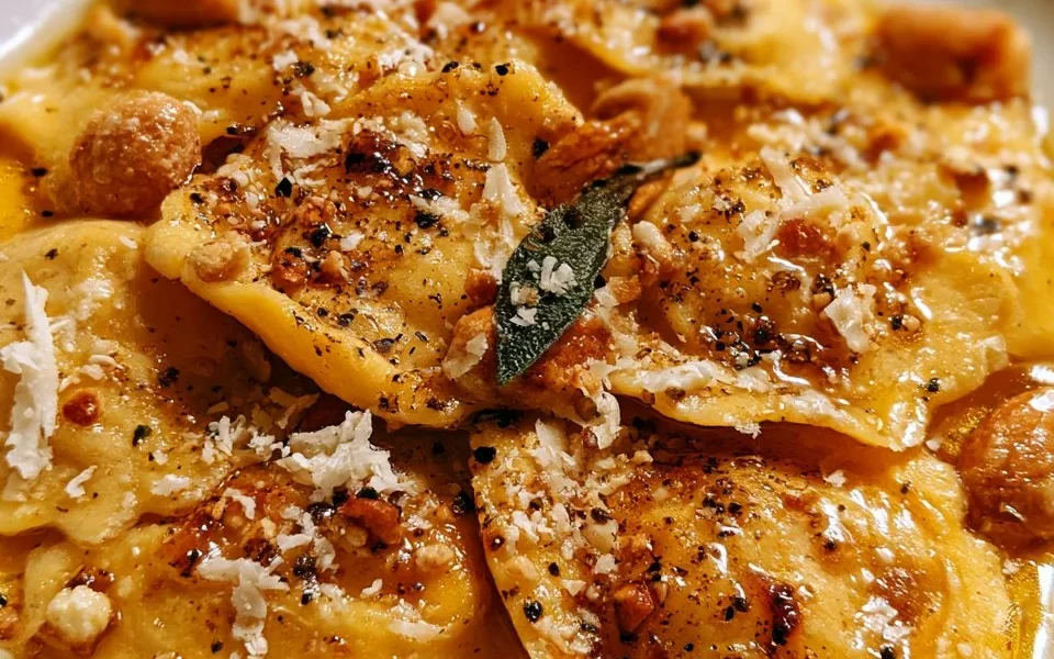 Ravioli di zucca con amaretti e burro nocciola appena cucinati