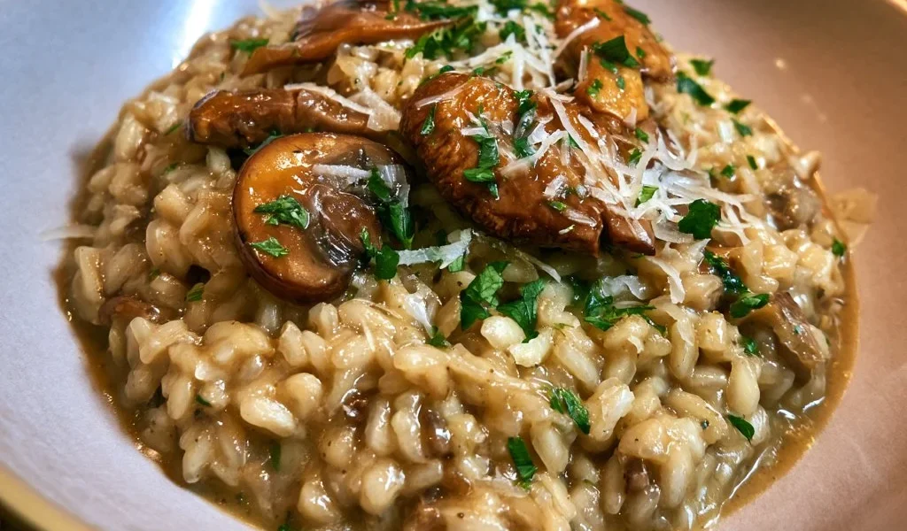 Risotto ai funghi porcini con parmigiano, piatto cremoso e saporito.