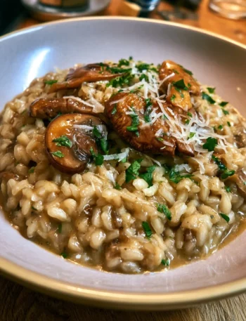 Risotto ai funghi porcini con parmigiano, piatto cremoso e saporito.