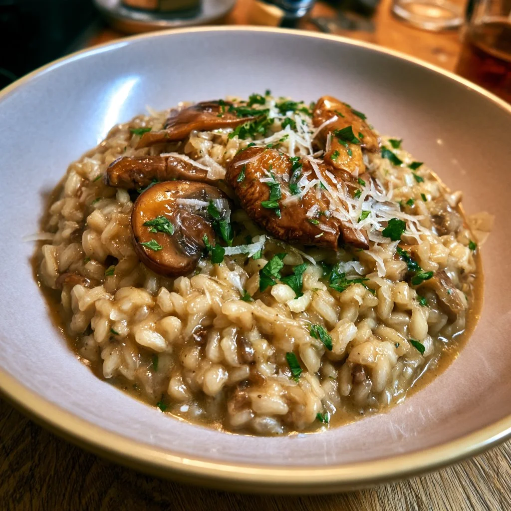 Risotto ai funghi porcini con parmigiano, piatto cremoso e saporito.